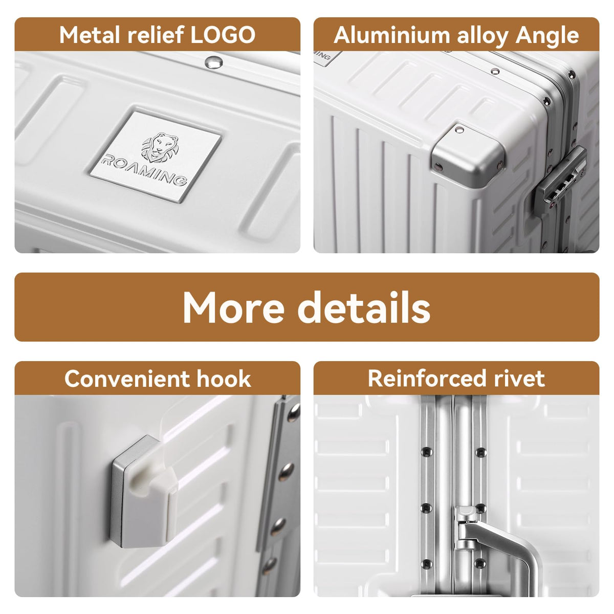 ROAMING Zipperless Luggage Airline Approved with Aluminum Frame, Lightweight PC Hardside Luggage with Spinner Wheels, Metal Travel Luggage with Double TSA Locks, Carry On 20 Inch, Shell white