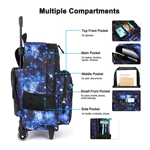 Rolling Backpack 18 inch Double Handle Wheeled Laptop Boys Girls Travel School Children Luggage Toddler Trip (Galaxy Blue)
