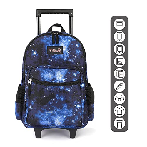 Rolling Backpack 18 inch Double Handle Wheeled Laptop Boys Girls Travel School Children Luggage Toddler Trip (Galaxy Blue)