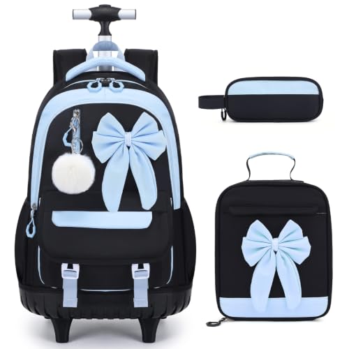 Rolling Backpack for Girls, 3PCS Bow Wheeled Girls Backpack Set with Lunch Bag and Pencil Case, Waterproof Kids School Bookbag for Elementary, Middle High School
