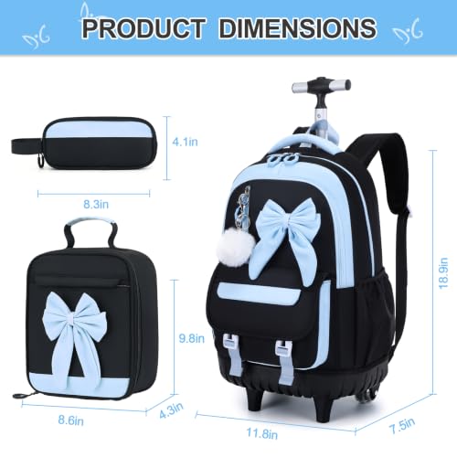 Rolling Backpack for Girls, 3PCS Bow Wheeled Girls Backpack Set with Lunch Bag and Pencil Case, Waterproof Kids School Bookbag for Elementary, Middle High School