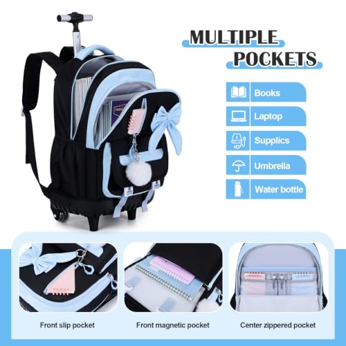 Rolling Backpack for Girls, 3PCS Bow Wheeled Girls Backpack Set with Lunch Bag and Pencil Case, Waterproof Kids School Bookbag for Elementary, Middle High School