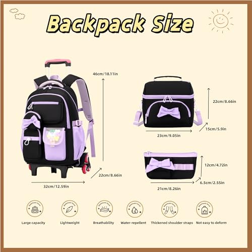 Rolling Backpack for Girls 3PCS Kids Backpack Set Cute Trolley Bags for Elementary Middle High School Wheeled Bookbags
