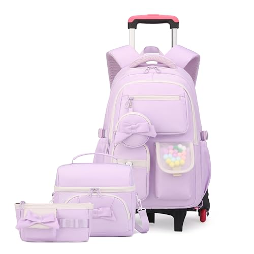 Rolling Backpack for Girls 3PCS Kids Backpack Set Cute Trolley Bags for Elementary Middle High School Wheeled Bookbags