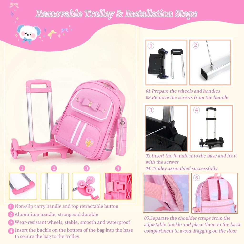 Rolling Backpack for Girls Cute Trolley Bags Primary School Bookbags with Wheels Kids Carry - On Wheeled Backpack with Lunch Bag