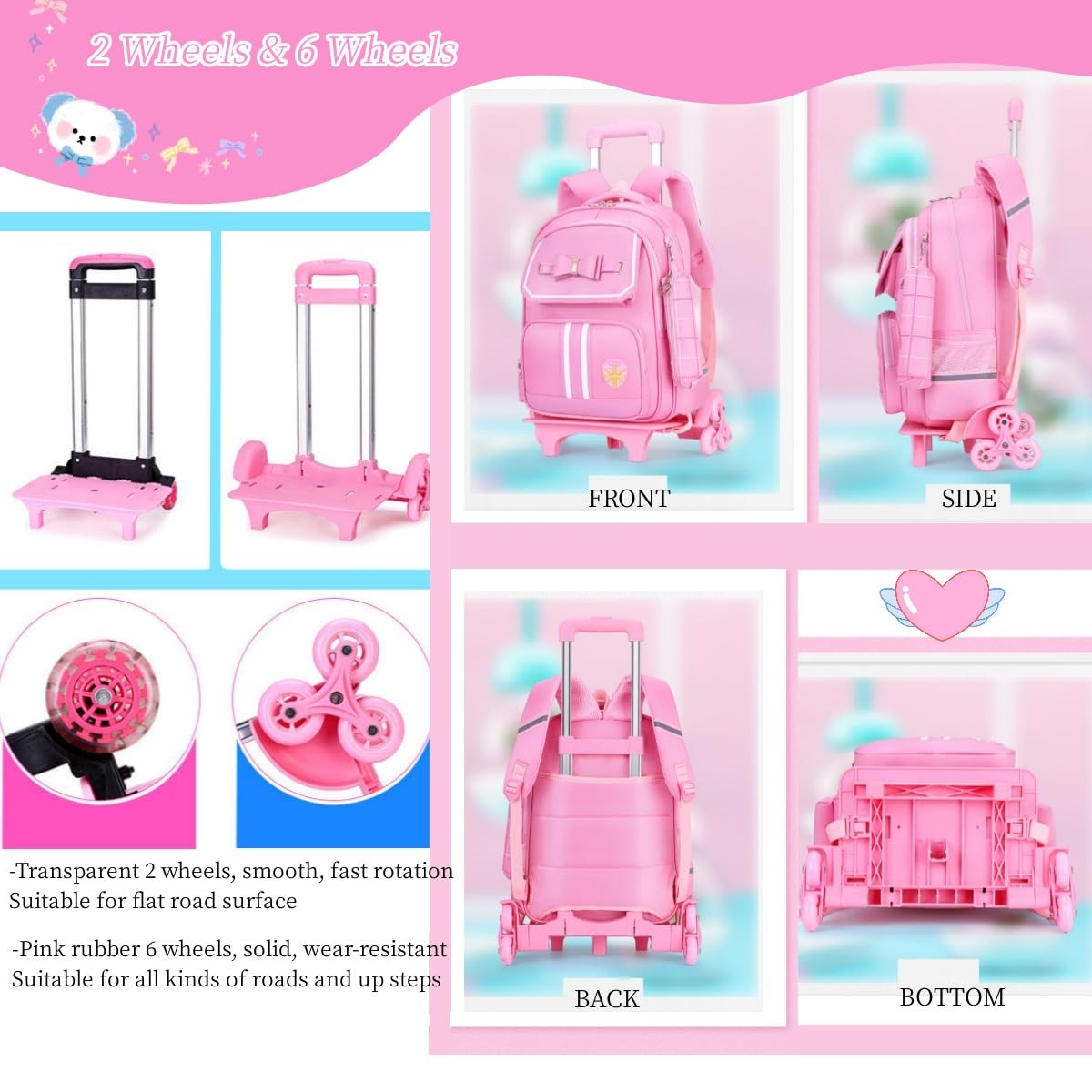 Rolling Backpack for Girls Cute Trolley Bags Primary School Bookbags with Wheels Kids Carry - On Wheeled Backpack with Lunch Bag