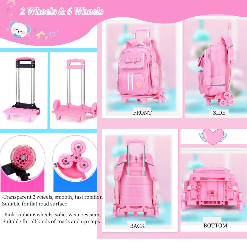 Rolling Backpack for Girls Cute Trolley Bags Primary School Bookbags with Wheels Kids Carry - On Wheeled Backpack with Lunch Bag