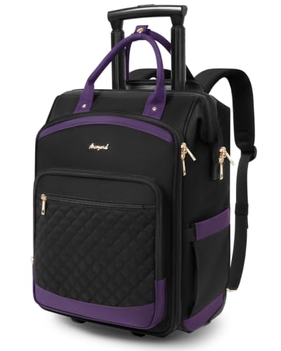 Rolling Backpack for Women, Travel Backpack with Wheels, Dual-Opening Wheeled Laptop Backpack, Stylish Rolling Laptop Bag, Overnight Underseat Carry on Luggage for College Business Work, Black Purple