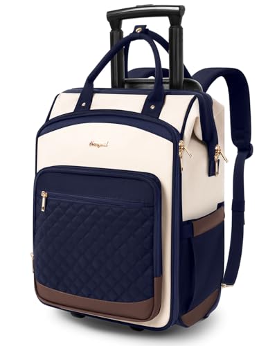 Rolling Backpack for Women, Travel Backpack with Wheels, Vertical Storage Wheeled Laptop Backpack, Backpack on Wheels for College Business Work Overnight, Stylish Rolling Laptop Bag, Navy Blue