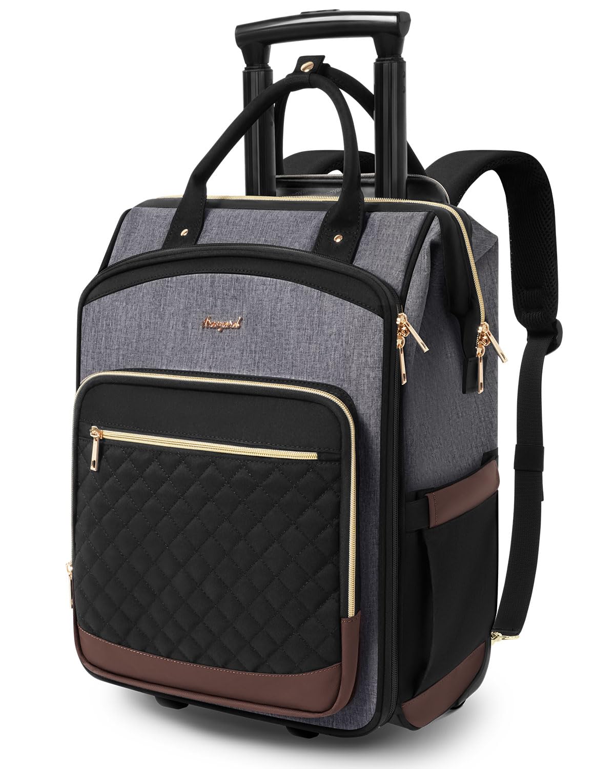 Rolling Backpack for Women, Travel Backpack with Wheels, Vertical Storage Wheeled Laptop Backpack, Underseat Carry on Luggage for College Business Work, Stylish Rolling Laptop Bag, Grey Brown
