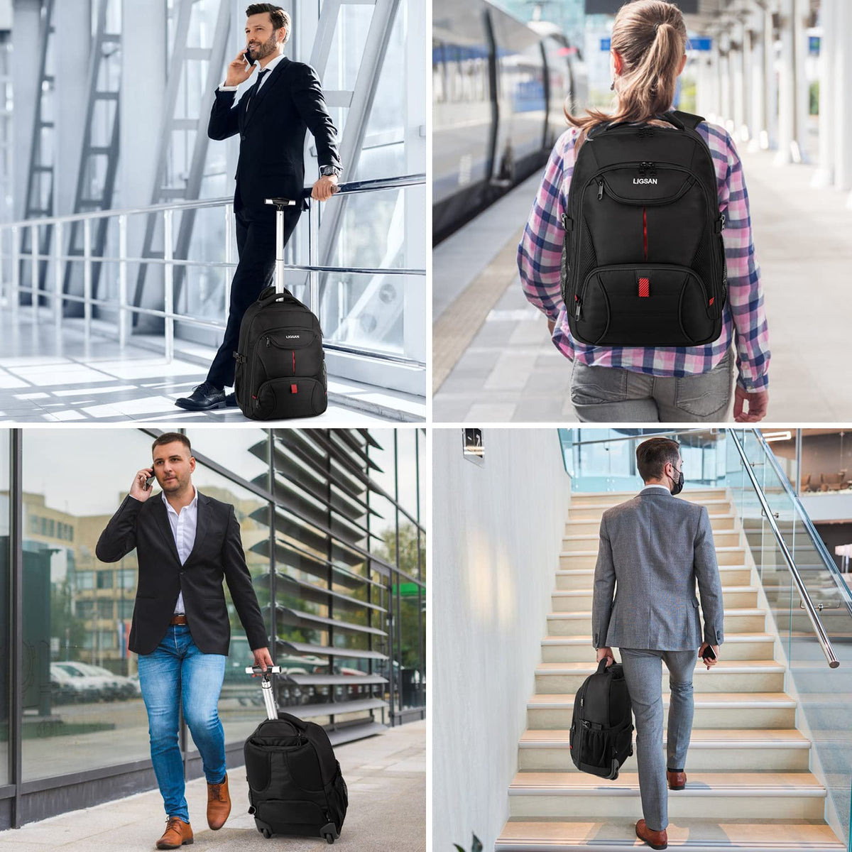 Rolling Backpack, Large Backpack with Wheels for Men Women Adults, 17inch Waterproof Wheeled Travel Laptop Backpack Carry on Luggage Bag Trolley Suitcase Business College School Computer Bookbag,Black