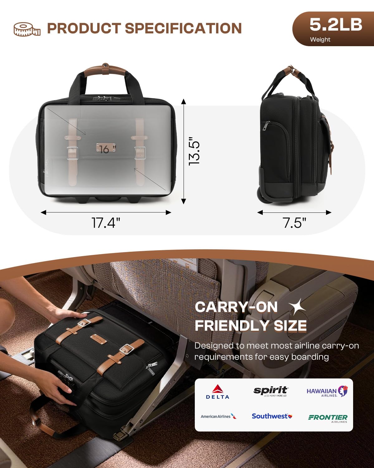 Rolling Laptop Bag, Briefcase for Men and Women, 16 Inch Computer Bag with Wheels Underseat Carry on Luggage, Laptop Briefcase Case for Work, Travel, College Teacher, Mobile Office Bag, Brown