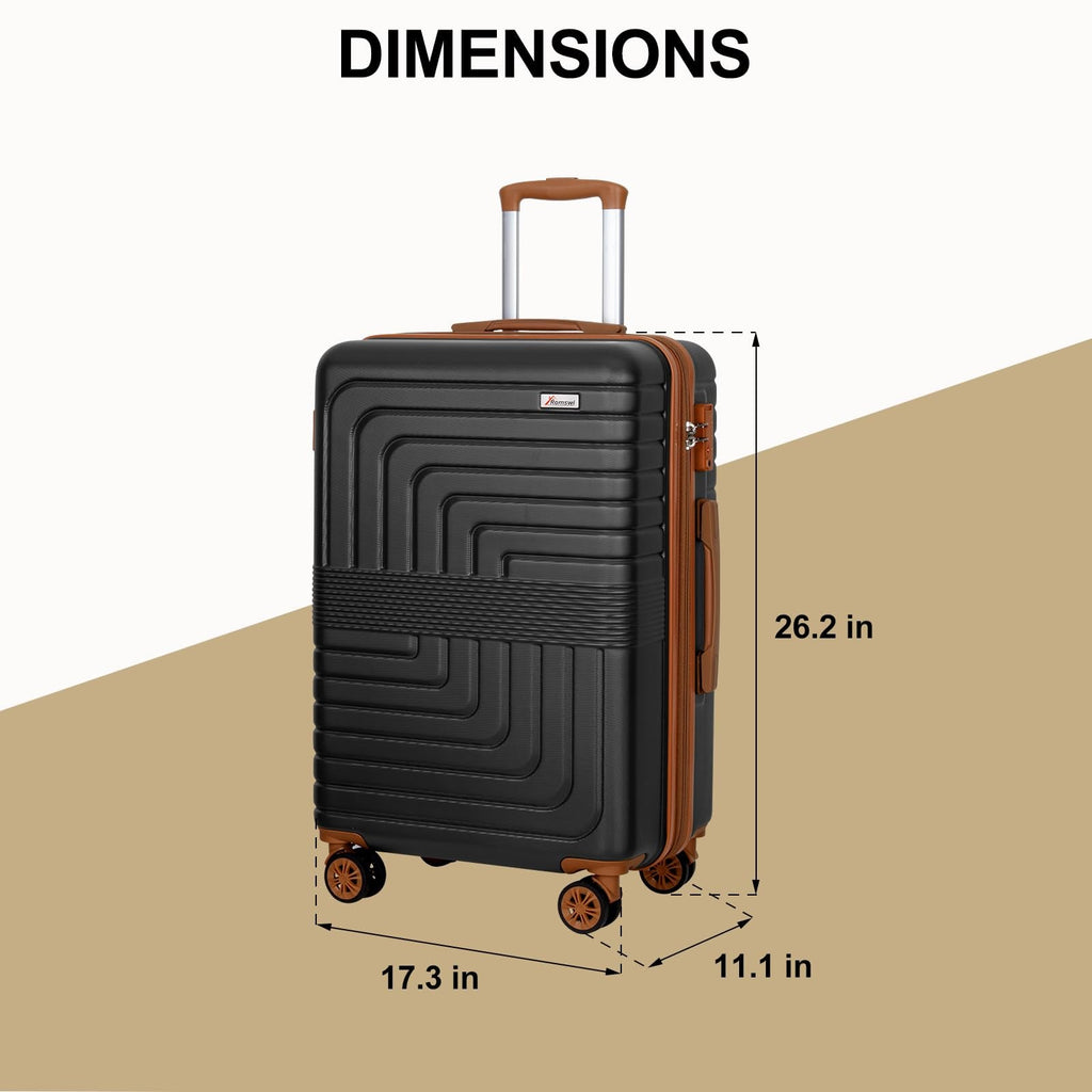 Romswi Expandable 26" Medium Checked Luggage,Checked - Medium Hardshell Suitcase with Double Spinner Wheels for 20% More Space, Lightweight Hardside Luggage, Scratch - Resistant & YKK Zipper Black