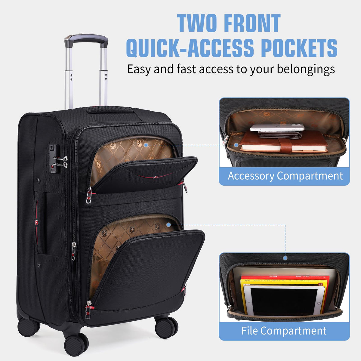 ROPLUS Softside Expandable Luggage with 4 Spinner Wheels, Durable Checked - Luggage Suitcase (Black, 3 - Piece Set 21/25/29)