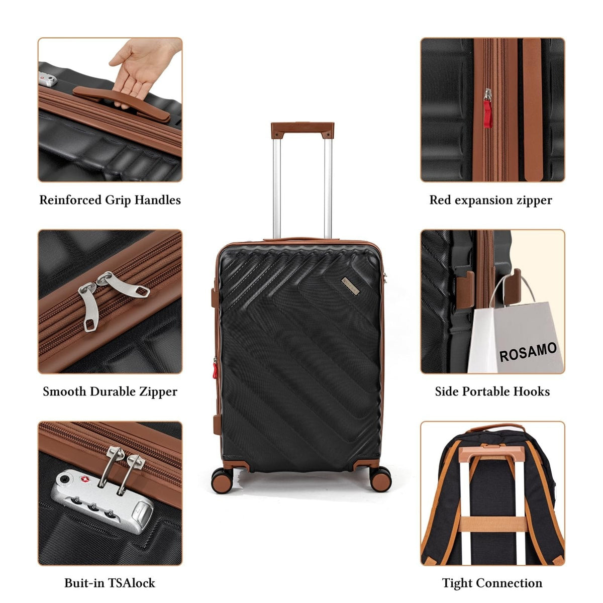 Rosamo 3 piece Luggage Set Expandable Suitcase 22x14x9 Airline Approved Carry on, ABS Hard Case Suitcases with Spinner Wheels, TSA Lock, (Black, 3 Piece Sets(20/BP/TB))