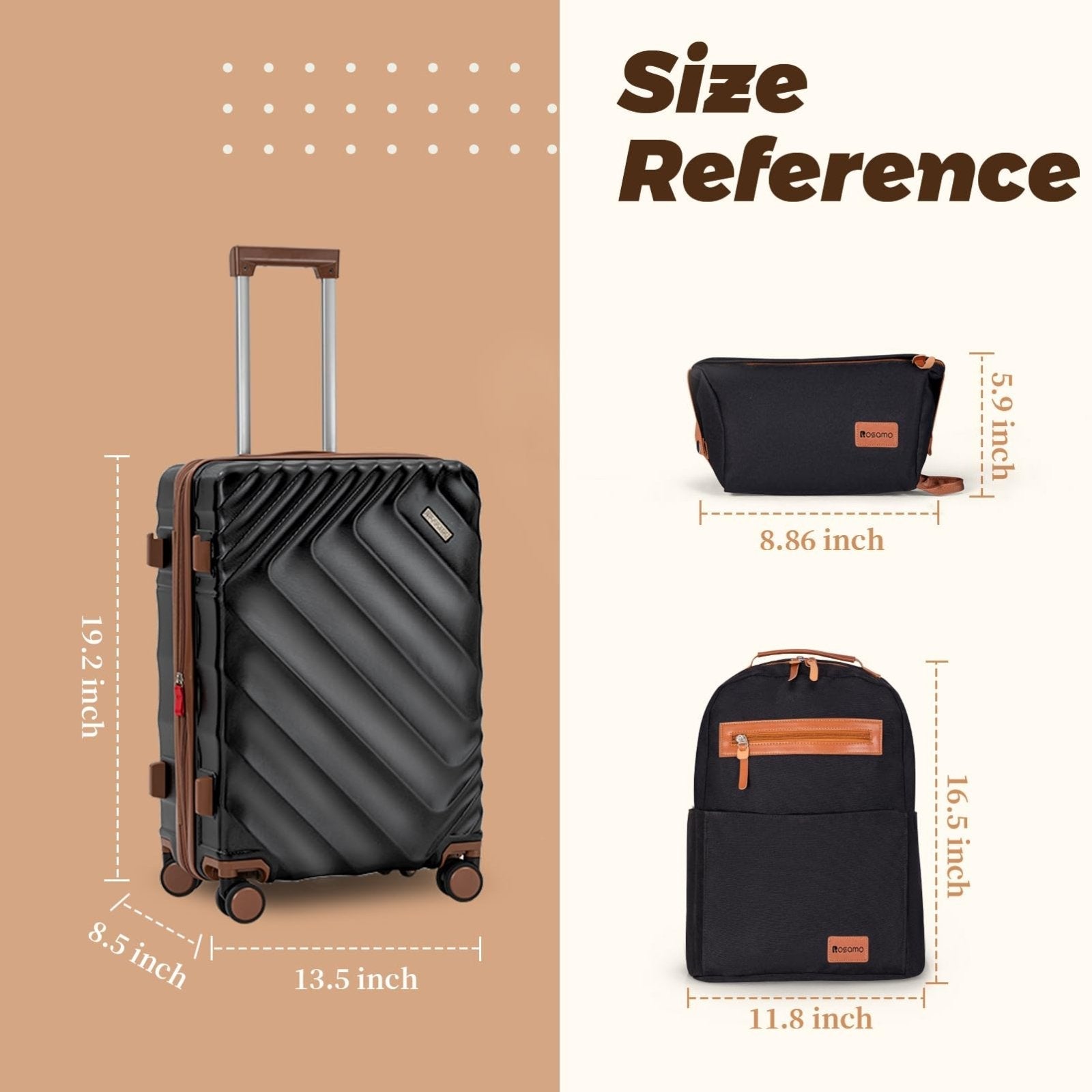 Rosamo 3 piece Luggage Set Expandable Suitcase 22x14x9 Airline Approved Carry on, ABS Hard Case Suitcases with Spinner Wheels, TSA Lock, (Black, 3 Piece Sets(20/BP/TB))