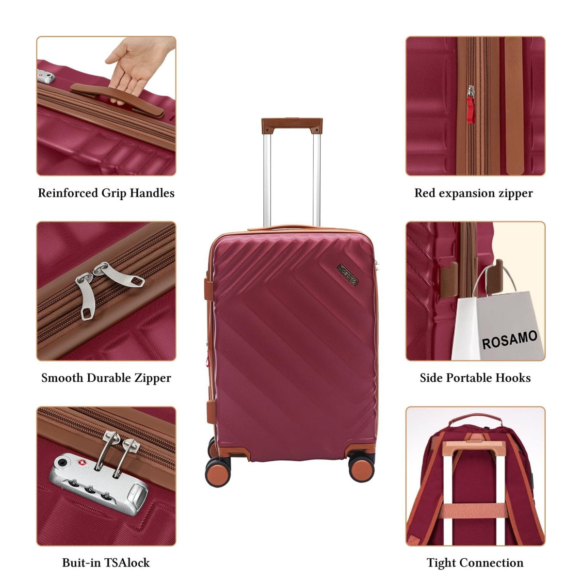 Rosamo 3 piece Luggage Set Expandable Suitcase 22x14x9 Airline Approved Carry on, ABS Hard Case Suitcases with Spinner Wheels, TSA Lock, (Red, 3 Piece Sets(20/BP/TB))