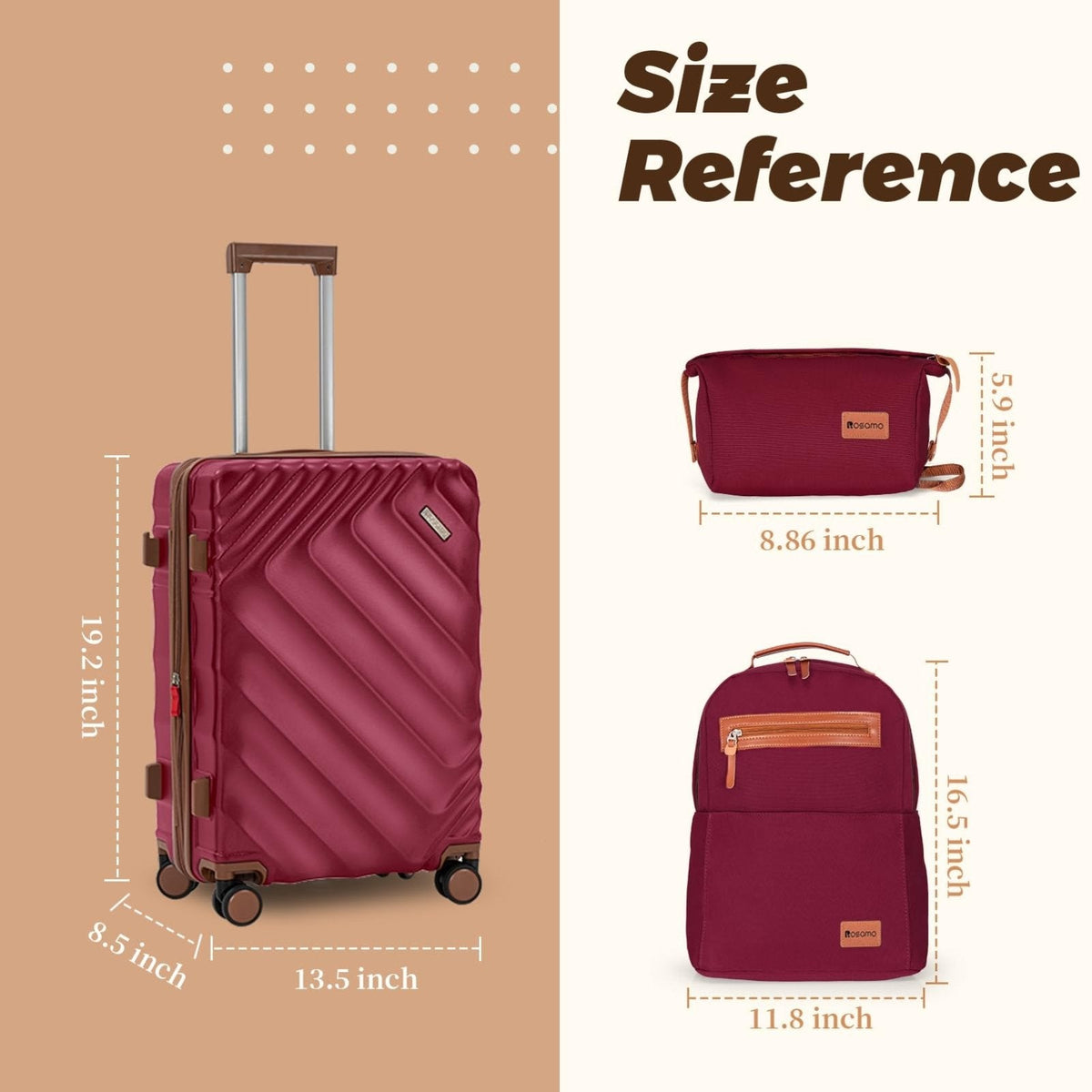 Rosamo 3 piece Luggage Set Expandable Suitcase 22x14x9 Airline Approved Carry on, ABS Hard Case Suitcases with Spinner Wheels, TSA Lock, (Red, 3 Piece Sets(20/BP/TB))