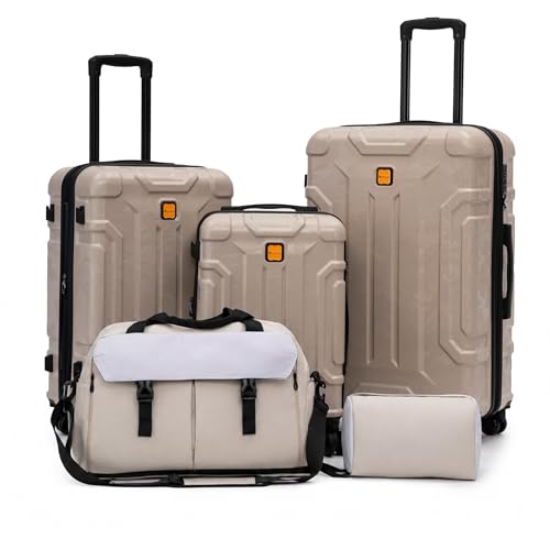Rosamo 5 Piece Hardshell Suitcase Set, 20/24/28" Expandable Luggage Set with Matching Travel Bags, 22x14x9 Airline Approved Carry On, TSA Lock, Spinner Wheels, ABS+PC (Beige)