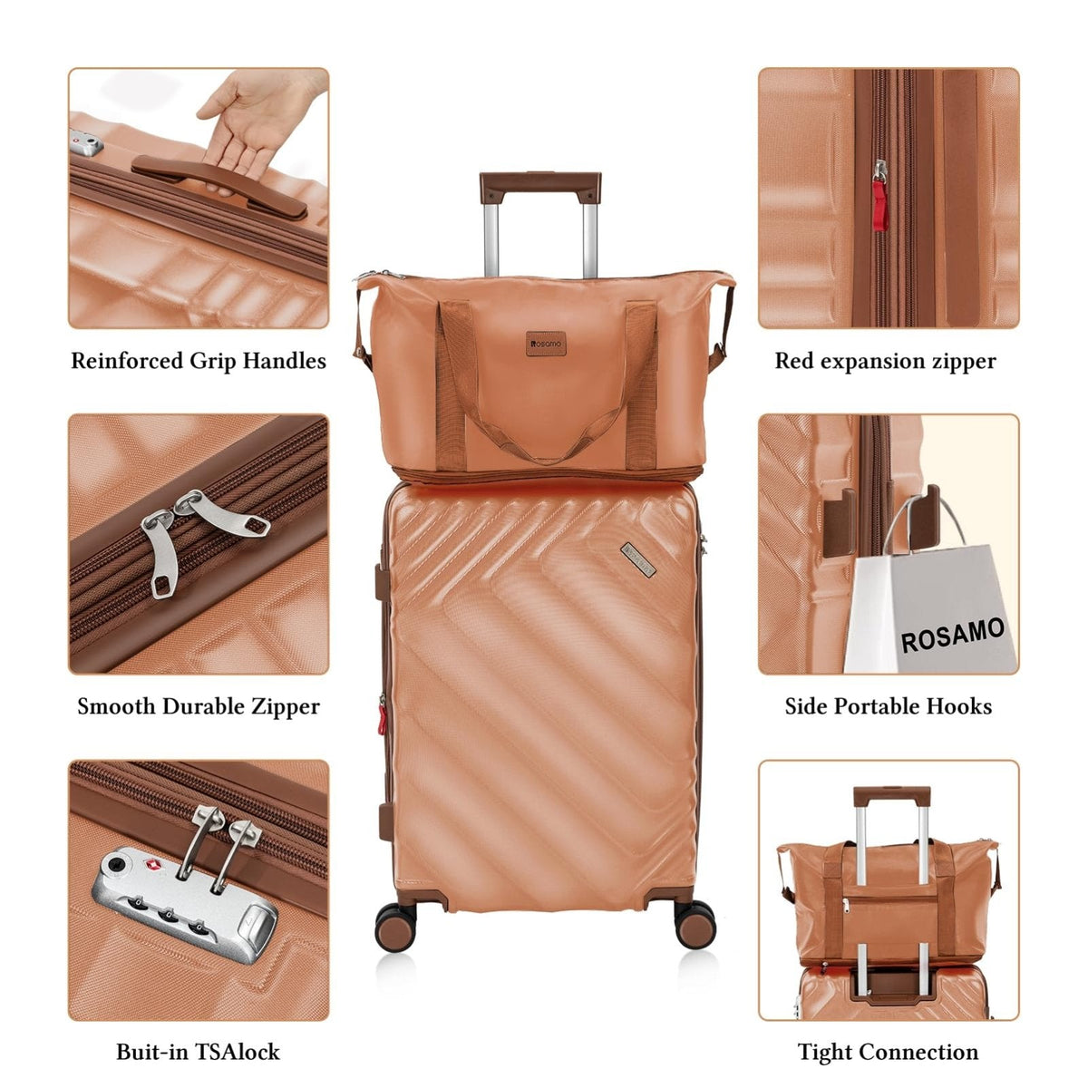 Rosamo 5 piece Luggage Set Expandable Suitcase 22x14x9 Airline Approved Carry on, ABS Hard Case Suitcases with Spinner Wheels, TSA Lock (Pink)