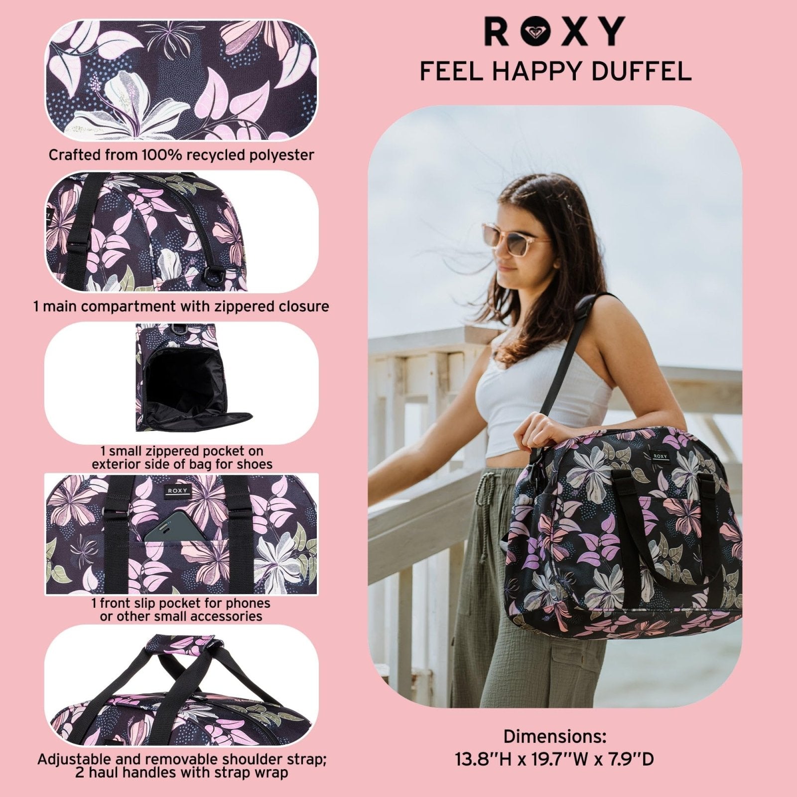 Roxy Duffel Bag | Travel | Work | Gym | Fitness | Beach | Everyday Carry | Recycled Materials, Feel Happy - Ocean Spray