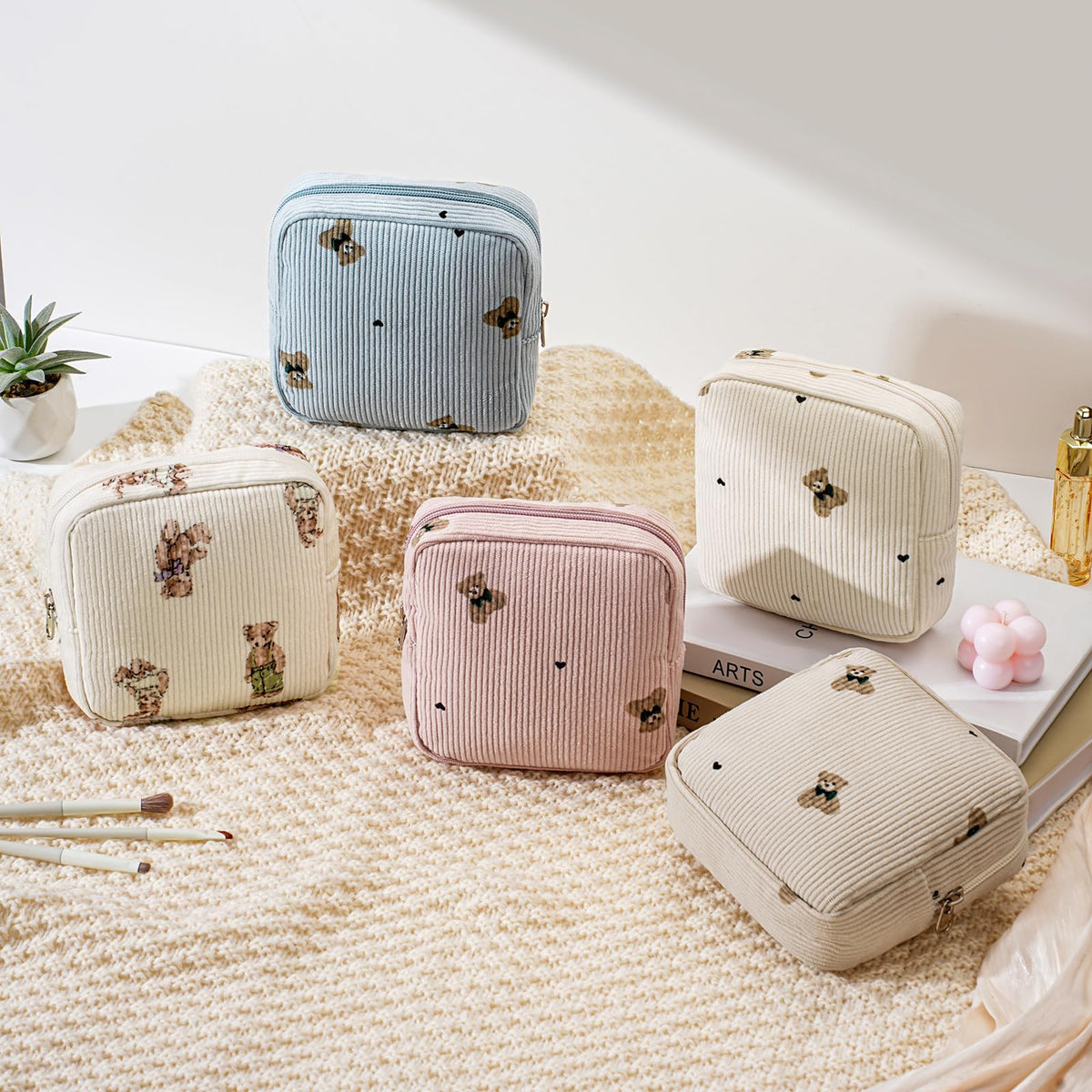 RSRSLEII 2Pcs Corduroy Travel Makeup Bag with Bear Pattern, Cute Cosmetic Bag for Purse Organizer, Toiletry Bag with Zipper for Women Travel Essentials(31 Pink Bear)