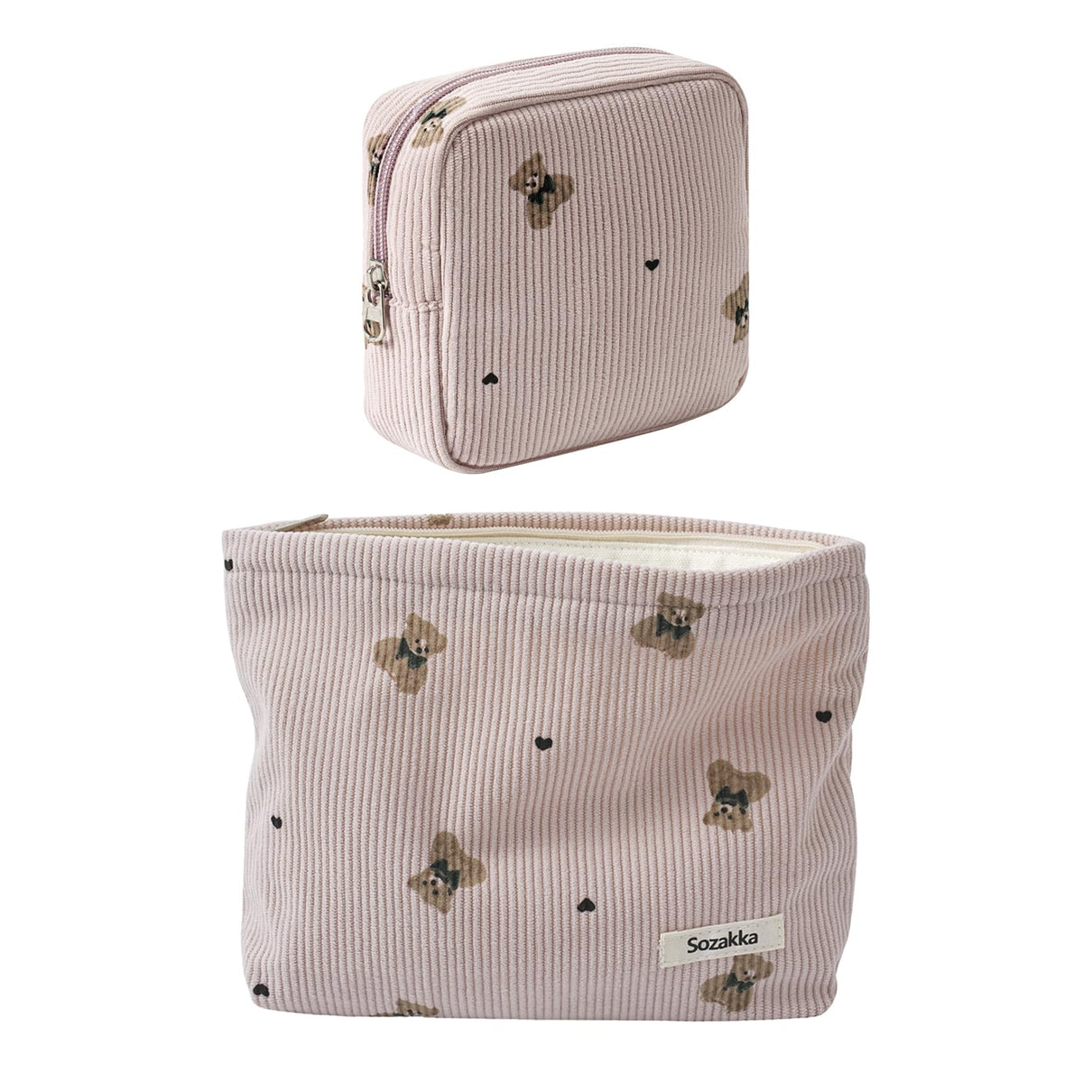 RSRSLEII 2Pcs Corduroy Travel Makeup Bag with Bear Pattern, Cute Cosmetic Bag for Purse Organizer, Toiletry Bag with Zipper for Women Travel Essentials(31 Pink Bear)