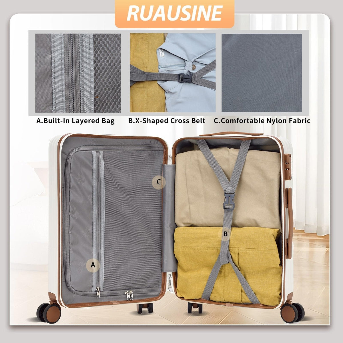 Ruausine Carry on Luggage Airline Approved, Hardside Carry - on Suitcase with Spinner Wheels, Hard Shell Lightweight Small Travel Luggage with TSA Lock (White)