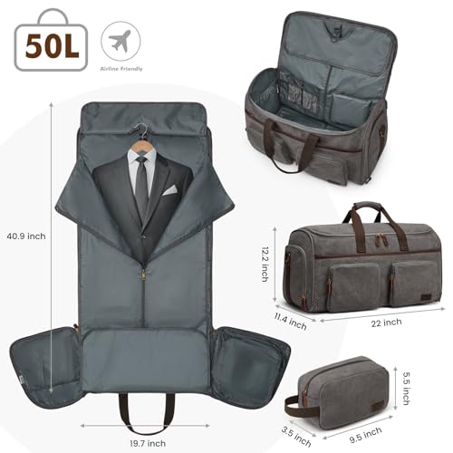 S-ZONE Garment Bag for Travel Carry on Duffle Bag for Men Travel Convertible Suit Bags Carry on Luggage Hanging Suitcase Travel Bag with Toiletry Bag, Gray, 50l, Travel Garment Bag