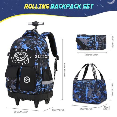 Scothen Rolling Backpack for Boys, Cool Luminous Gamer Roller School Backpacks for Boys with Lunch Bag and Pencil Pouch, Kids Backpack Bookbag with Wheels for Kindergarten Elementary Middle School