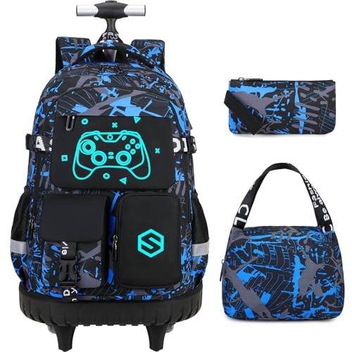 Scothen Rolling Backpack for Boys, Cool Luminous Gamer Roller School Backpacks for Boys with Lunch Bag and Pencil Pouch, Kids Backpack Bookbag with Wheels for Kindergarten Elementary Middle School