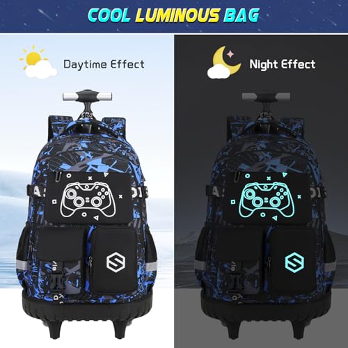Scothen Rolling Backpack for Boys, Cool Luminous Gamer Roller School Backpacks for Boys with Lunch Bag and Pencil Pouch, Kids Backpack Bookbag with Wheels for Kindergarten Elementary Middle School