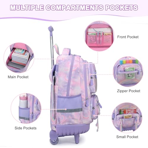 Scothen Rolling Backpack for Girls, 3PCS Roller School Backpacks for Girls with Lunch Bag and Pencil Pouch, Kids Bookbag Schoolbag with Wheels for Teen Girl Kindergarten Elementary Middle School