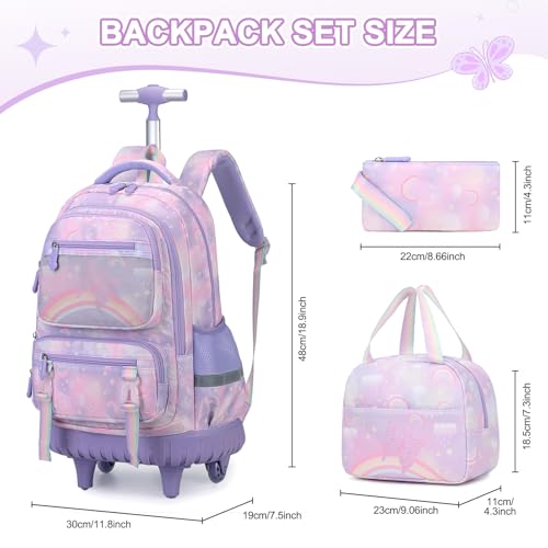 Scothen Rolling Backpack for Girls, 3PCS Roller School Backpacks for Girls with Lunch Bag and Pencil Pouch, Kids Bookbag Schoolbag with Wheels for Teen Girl Kindergarten Elementary Middle School