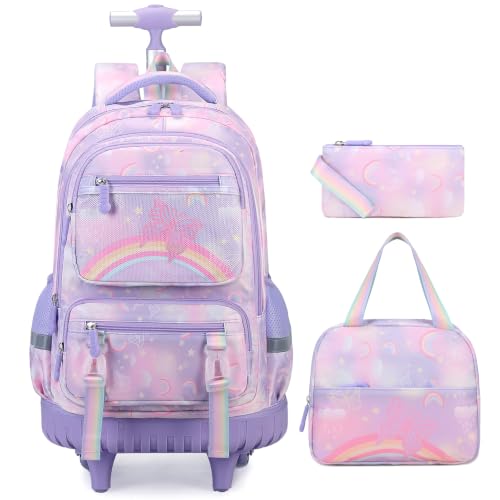 Scothen Rolling Backpack for Girls, 3PCS Roller School Backpacks for Girls with Lunch Bag and Pencil Pouch, Kids Bookbag Schoolbag with Wheels for Teen Girl Kindergarten Elementary Middle School