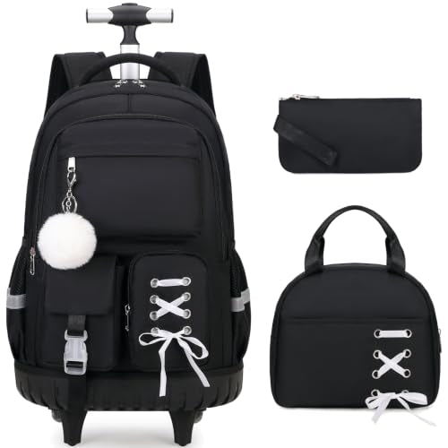 Scothen Rolling Backpack for Girls, Girls Backpack Set with Lunch Box & Pencil Pouch for Teen Girl Kids Children Elementary Middle School, Bookbag Daypack Laptop Travel Backpack with Wheels (Black)