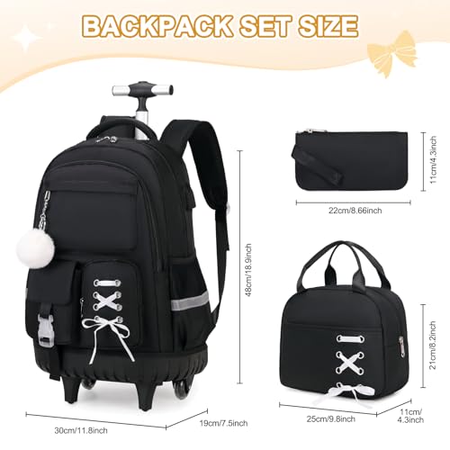 Scothen Rolling Backpack for Girls, Girls Backpack Set with Lunch Box & Pencil Pouch for Teen Girl Kids Children Elementary Middle School, Bookbag Daypack Laptop Travel Backpack with Wheels (Black)