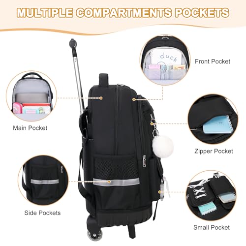 Scothen Rolling Backpack for Girls, Girls Backpack Set with Lunch Box & Pencil Pouch for Teen Girl Kids Children Elementary Middle School, Bookbag Daypack Laptop Travel Backpack with Wheels (Black)