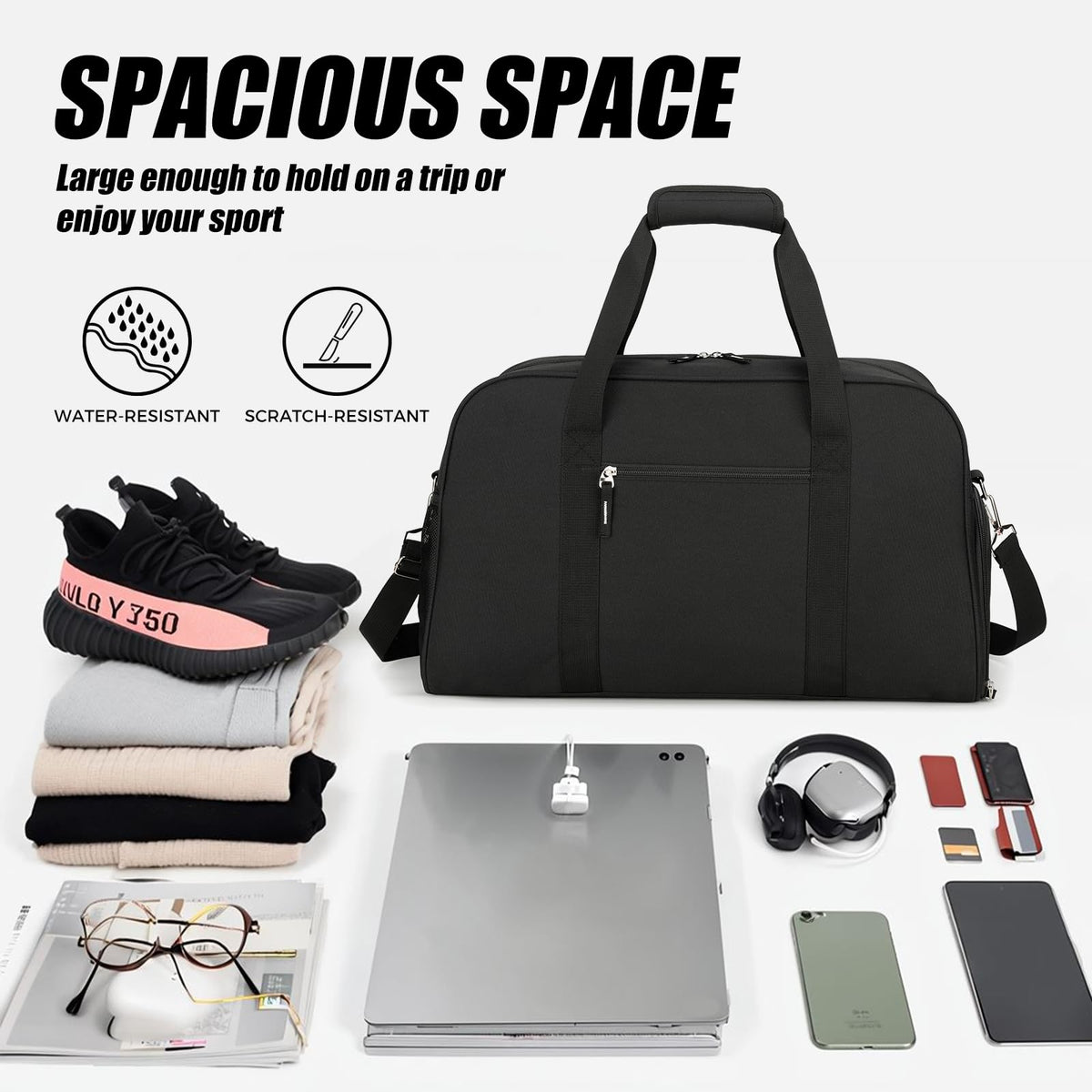 Searock 21 Inch Gym Bag with Shoe Compartment, Sports Duffle Bag for Travel, Carry On Duffel Bag, Weekender Overnight Bags for Men and Women Traveling, Black