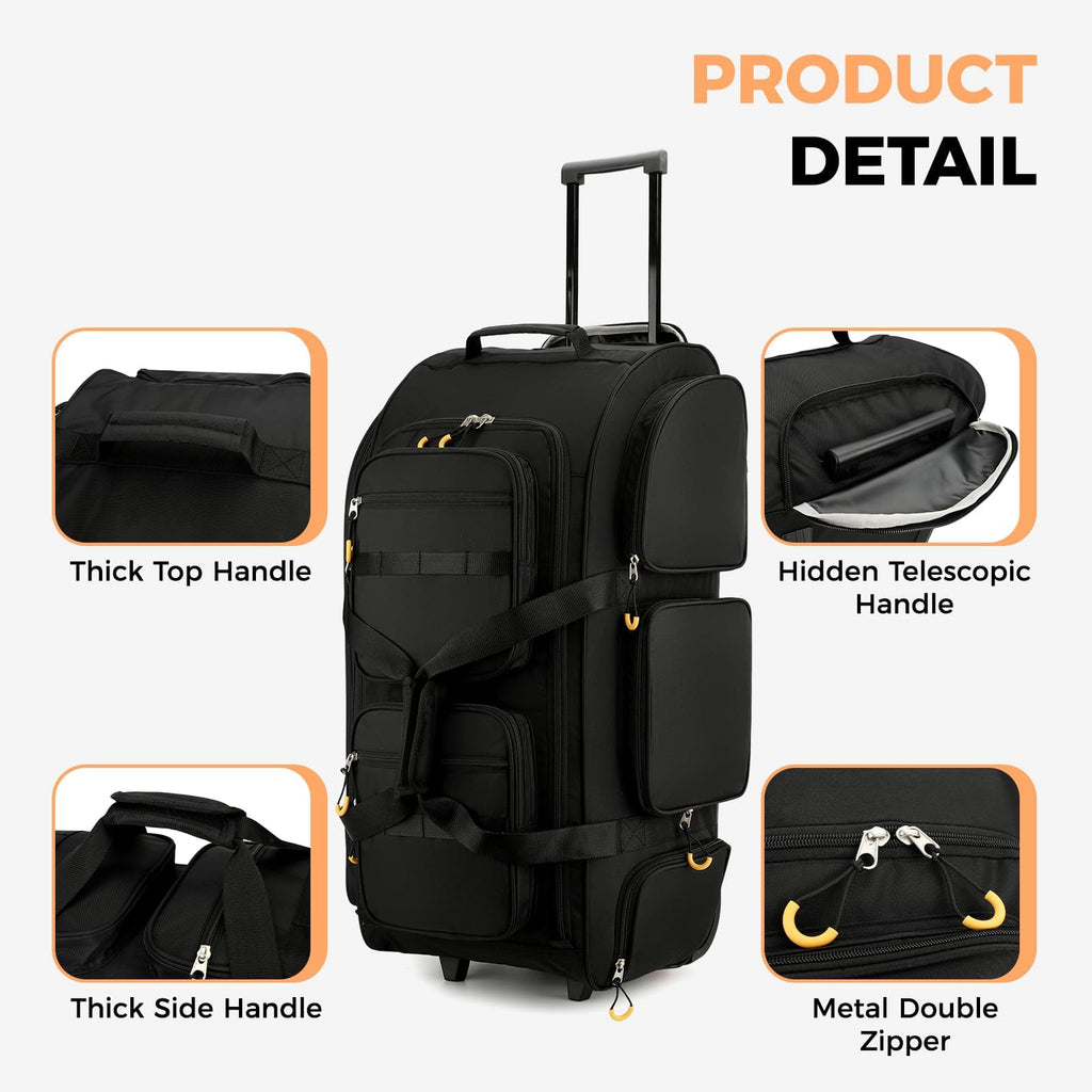 Searock 90L Rolling Duffle Bag with Wheels and Handle, 31” Large Duffle Bag for Travel, Carry On Luggage Duffel Bag with Shoe Compartment, Multi - Pocket, Water Resistant, Black