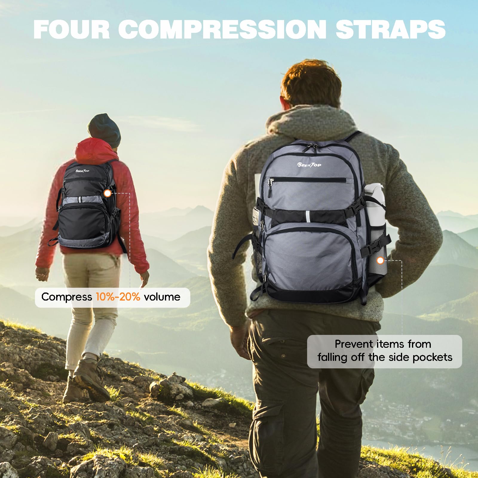 Seektop Lightweight Travel Backpack for Men Women, Multiple Pockets 40L Hiking Backpack Foldable Carry on Backpack for Outdoor Camping Sport Leisure (Black)