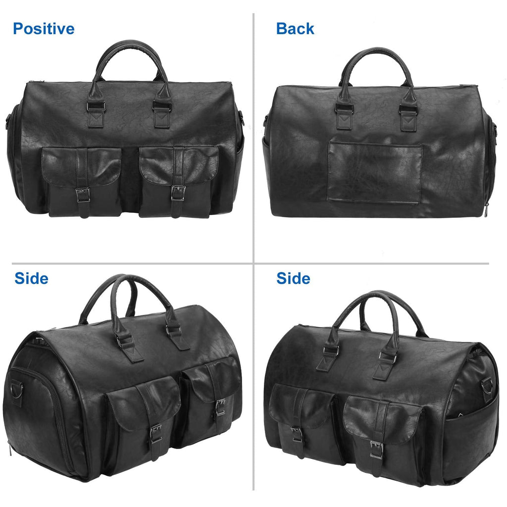 seyfocnia Carry On Garment Bag, Waterproof Mens Garment Bag for Travel Business, Large Leather Duffel Bag with Shoe Compartment - Black