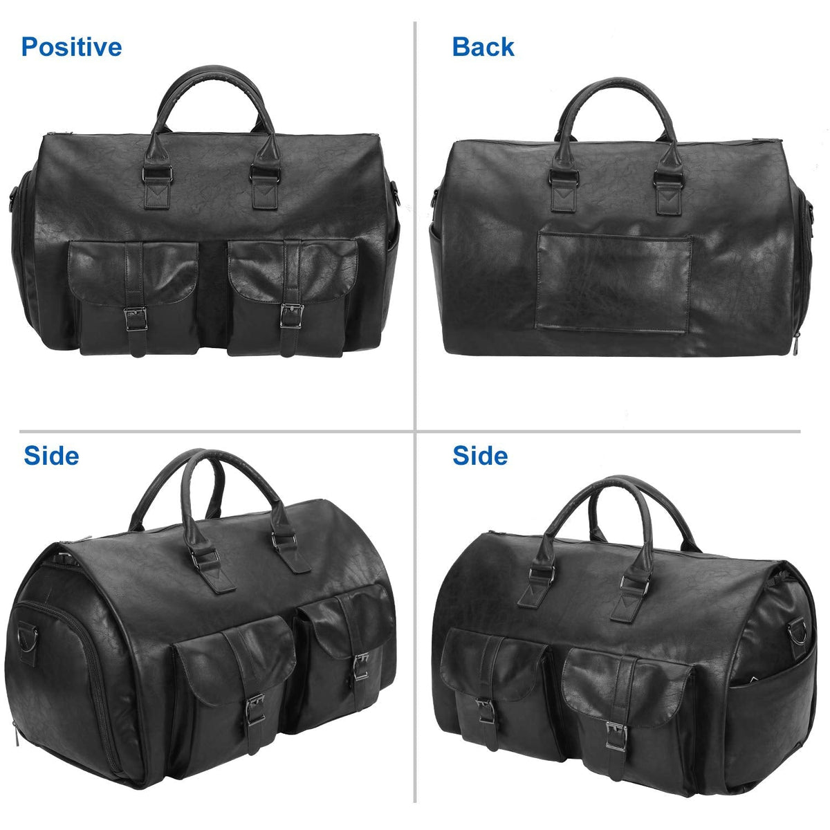 seyfocnia Carry On Garment Bag, Waterproof Mens Garment Bag for Travel Business, Large Leather Duffel Bag with Shoe Compartment - Black