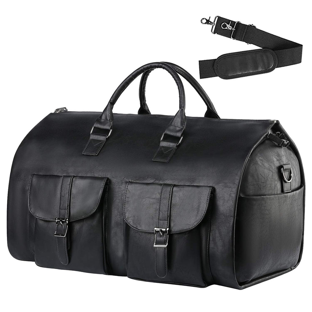 seyfocnia Carry On Garment Bag, Waterproof Mens Garment Bag for Travel Business, Large Leather Duffel Bag with Shoe Compartment -Black
