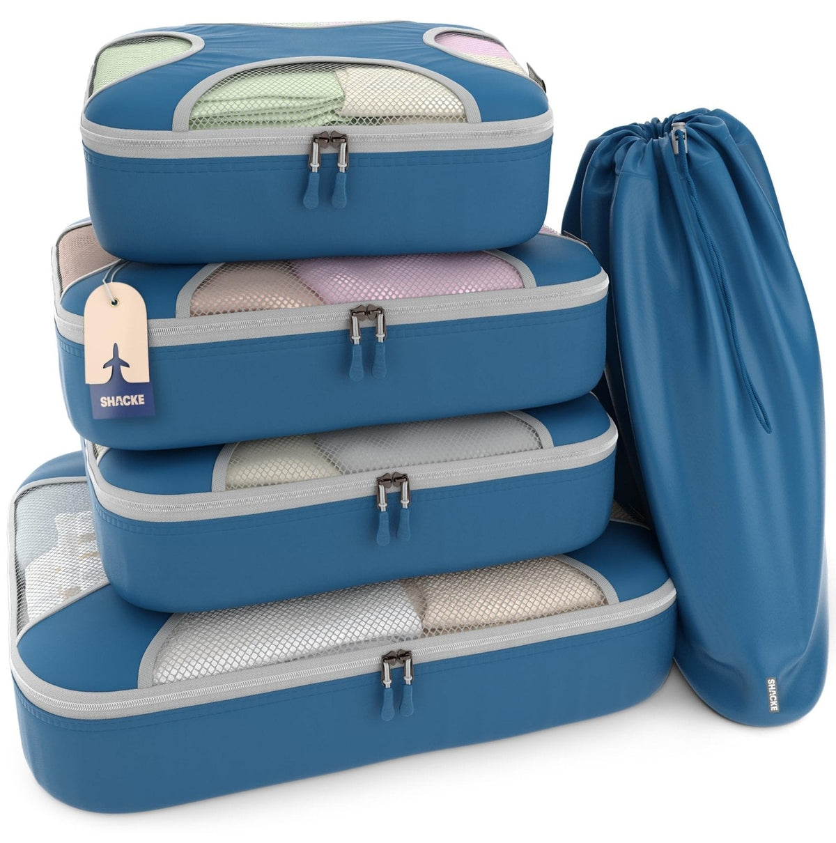 Shacke Packing Cubes for Travel 5 Set - Compression Luggage Organizer Bags - Versatile Travel Organizer for Women and Men - Optimized Packing Bags - Travel Essentials (Navy Blue)