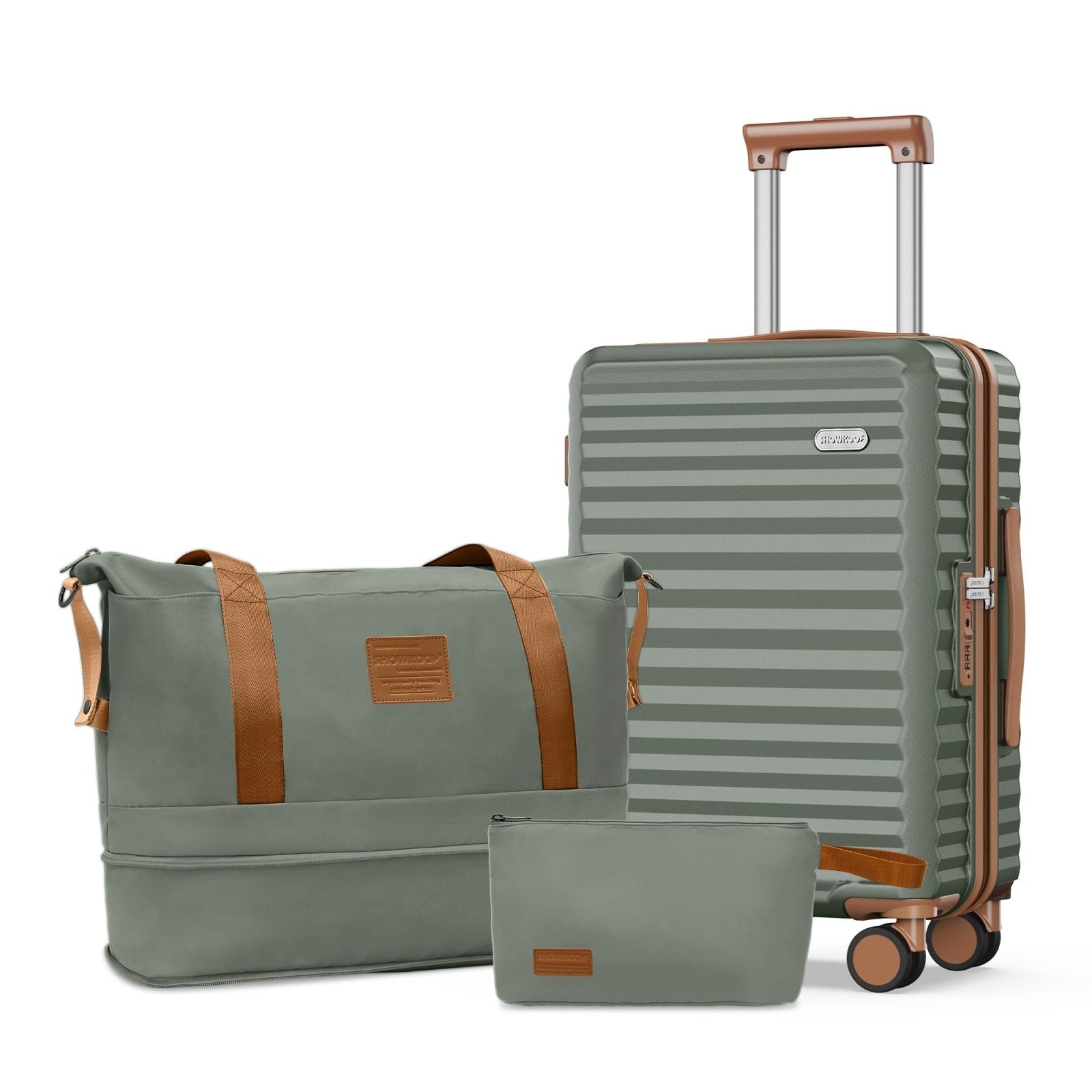 SHOWKOO Carry On Luggage Hardshell Lightweight Luggage Set, Suitcase with Double Spinner Wheels Tsa Lock White 3 piece set Green (DB/TB/20in)