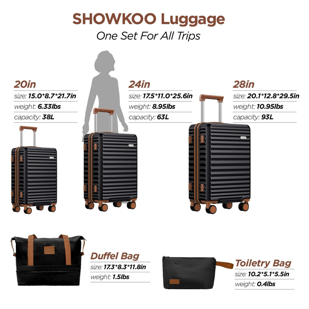 SHOWKOO Luggage Sets 3 Piece Hardside Expandable Suitcase with Double Spinner Wheels Tsa Lock, (Black, 5 piece set)