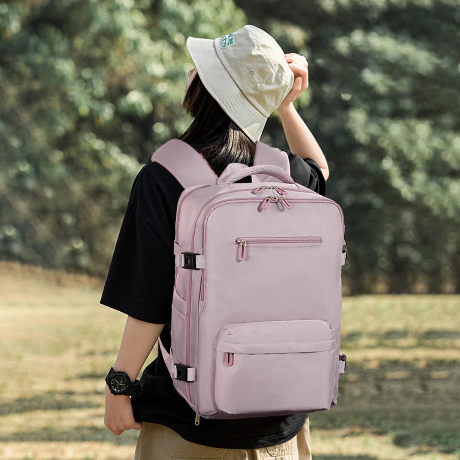 SHRRADOO Travel Laptops Backpack for Women Men, Casual Work Bag 17inch High School College Backpack Airline Approved Backpack for Hiking Business (Pink khaki)