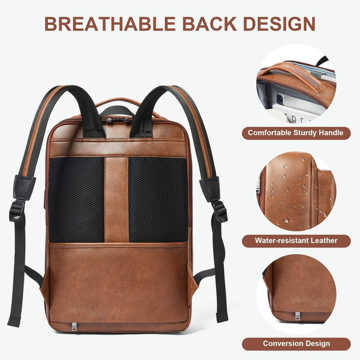 Shrrie Leather Laptop Backpack for Women and Men,28 L Travel Backpack Computer Bag Fits 16 inch Laptop,Expandable Casual Daypack with USB Port for Work Business Weekender College,Brown