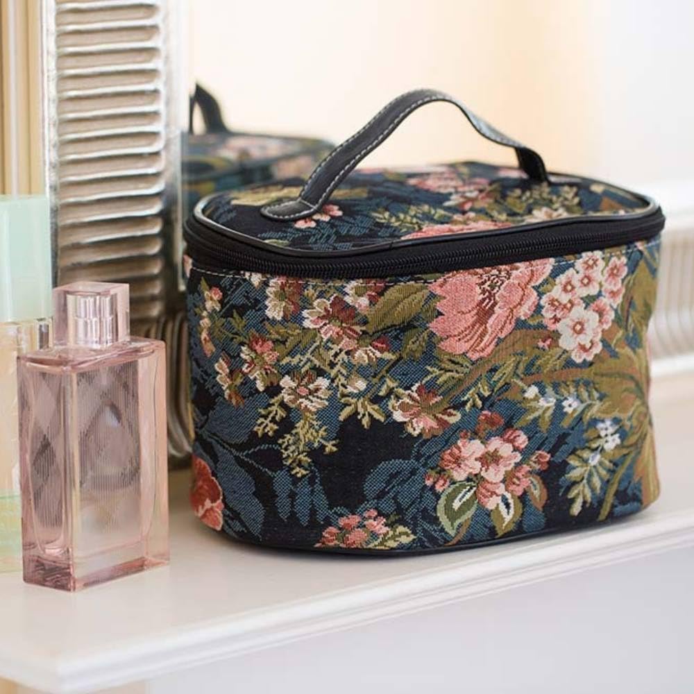 Signare Tapestry Toiletry Bag Makeup Organizer bag for Women with Peony Flower in Black Background Design (TOIL - PEO)